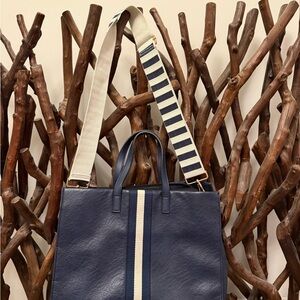 Navy Blue Leather Tote Bag with Striped guitar Strap